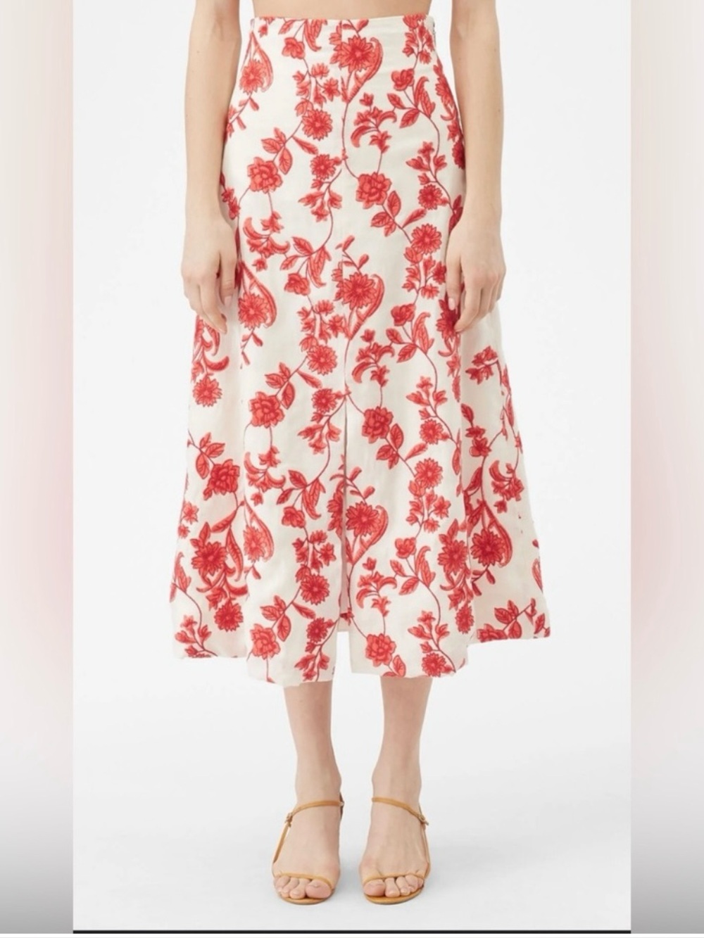 NWT Rebecca Taylor Scarlet Embroidered Linen Skirt Ivory Red Coral Size 6 - Picture 14 of 15
